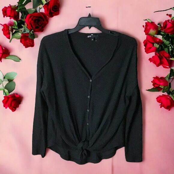 Gibson Women’s Small Black Thermal Waffle Knit V-Neck Button Tie Front Top - Picture 4 of 16